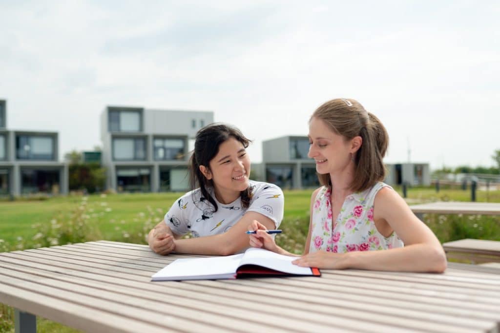 two students learning outside together